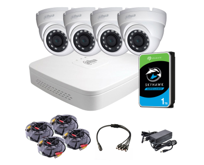 Комплект видеонаблюдения внутренний 2 Мп: видеорегистратор XVR4104C-X1, 4 камеры HAC-HDW1200MP-0280B, жесткий диск, блок питания, разветвитель питания, 4 BNC-power кабеля